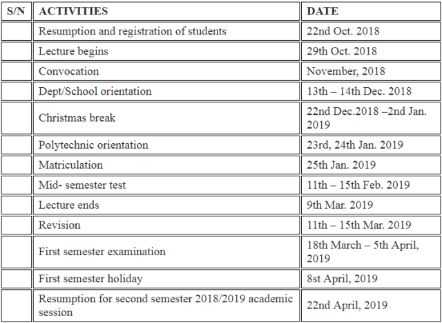 ACADEMIC CALENDAR FOR 2018/2019
